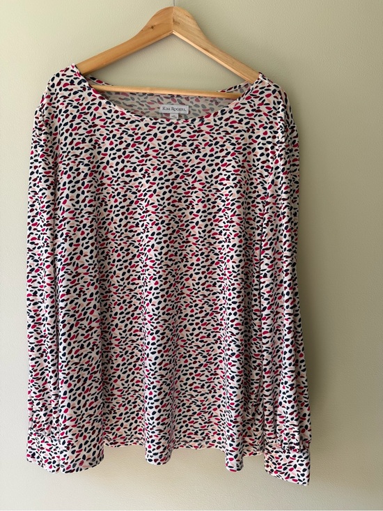 Kim Rogers Tops - Kim Rogers White Long-Sleeve Top with Pink & Navy Spot Print